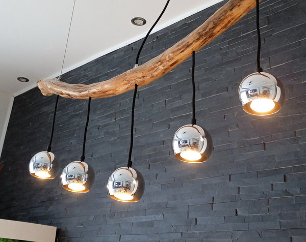 LED Treibholzlampe Pendellampe Holz Lampe mit GU-10- Fassungen ~ 125 cm